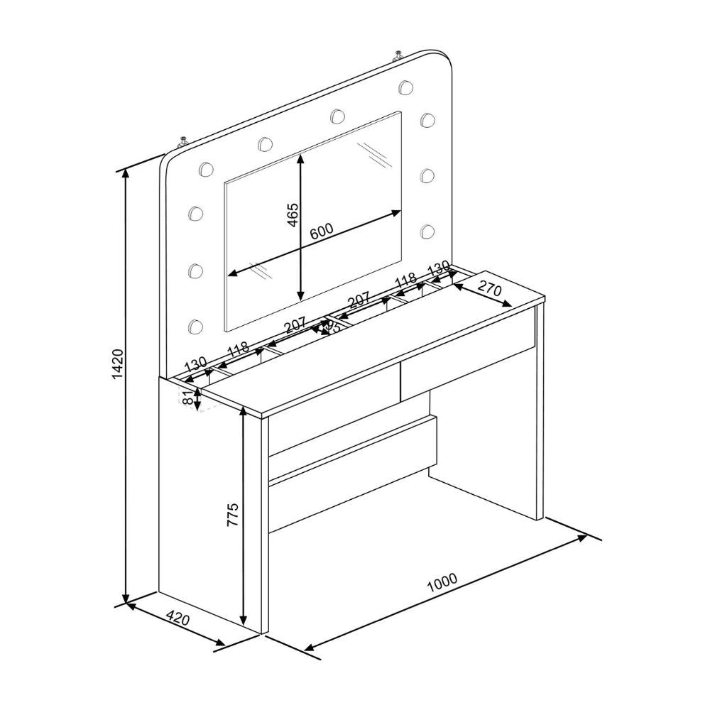 toeletta da trucco 1780 con specchio luci e cassetti bianco, mobile versatile per riporre scarpe, accessori e oggetti vari