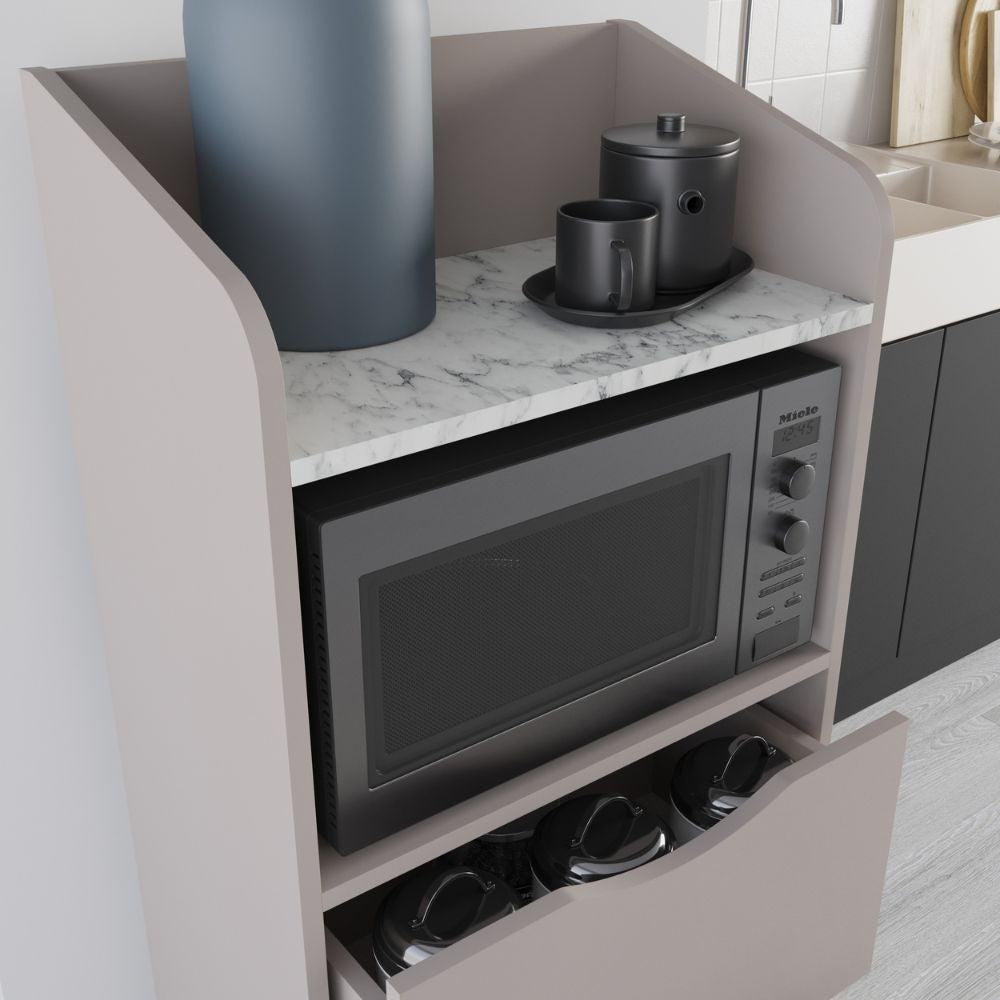 mobile multiuso gorki con cassetti light mocha e ripiano carrara bianco, finitura moderna e funzionale per ogni ambiente della casa