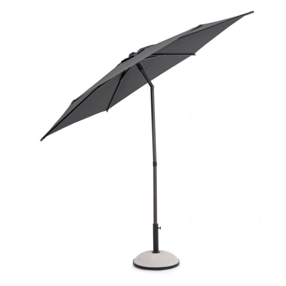 ombrellone da giardino samba con palo centrale in acciaio e telo grigio scuro, vista ambientata su terrazzo, patio o bordo...