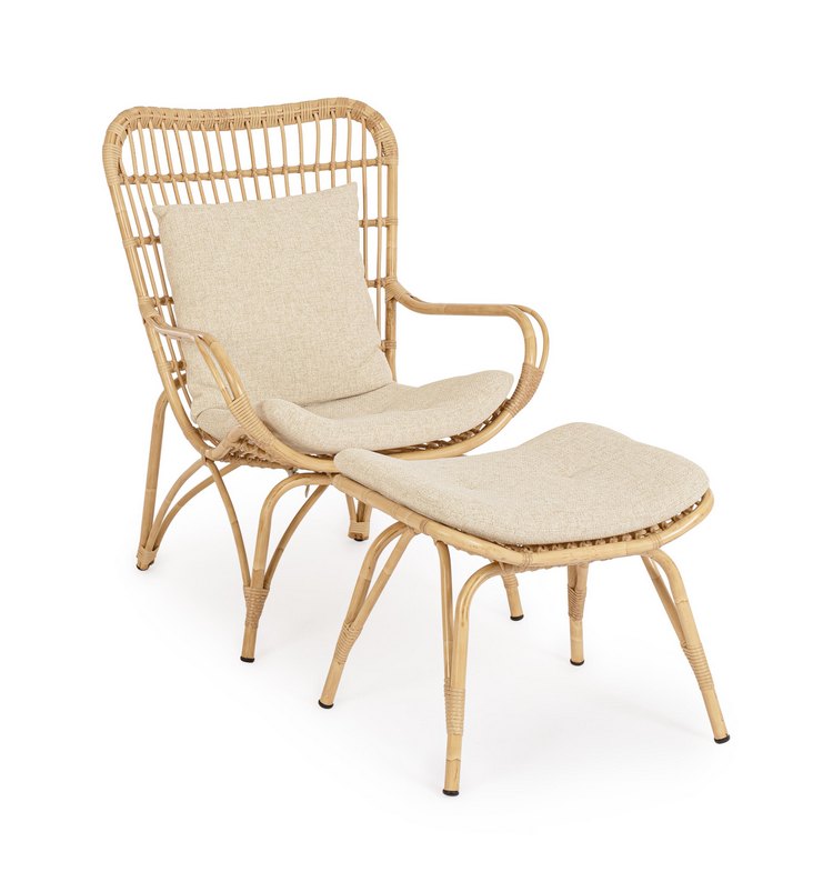 poltrona lounge con poggiapiedi maela effetto rattan, perfetta per rilassarsi all’aperto con stile e comfort
