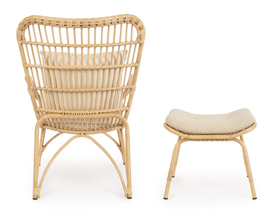 poltrona lounge con poggiapiedi maela effetto rattan, struttura in alluminio, rattan o legno trattato