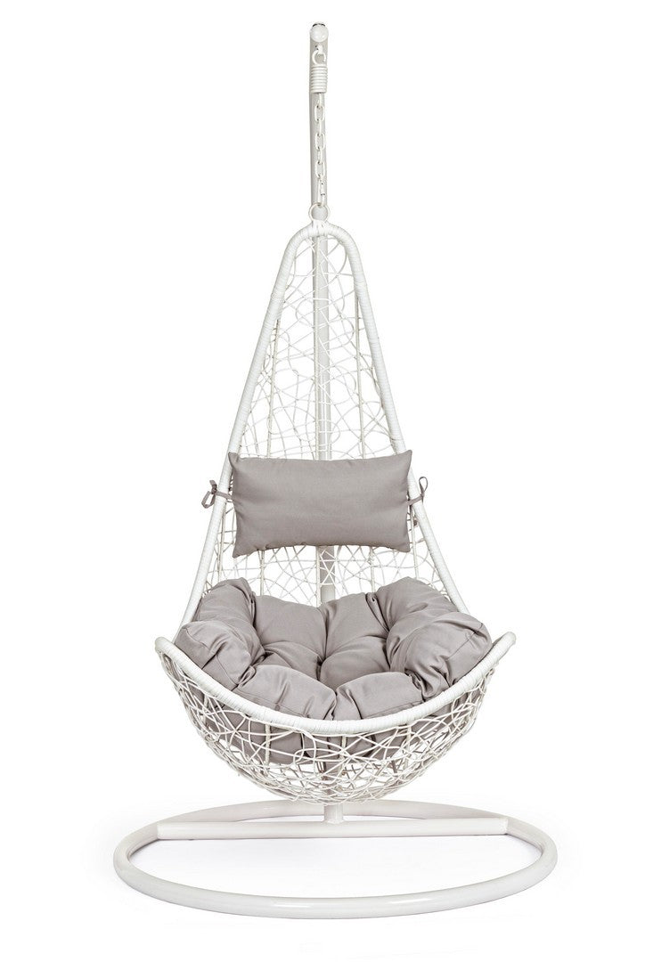 poltrona sospesa amirantes bianco, vista ambientata in terrazzo, giardino o veranda