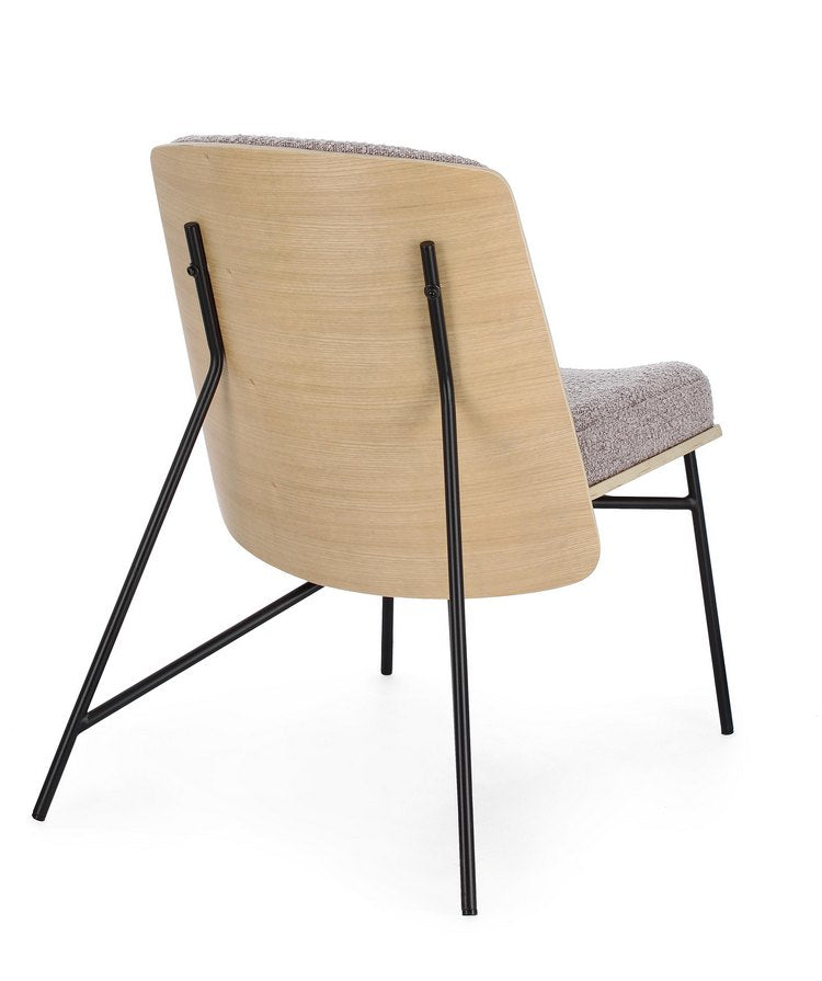 poltrona emerson in tessuto effetto bouclé tortora e gambe in acciaio nero, struttura in legno naturale, perfetta per...