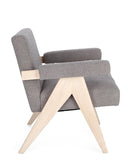 poltrona faiza in tessuto effetto bouclé tortora e gambe in legno rubberwood, dettaglio del rivestimento in tessuto o velluto