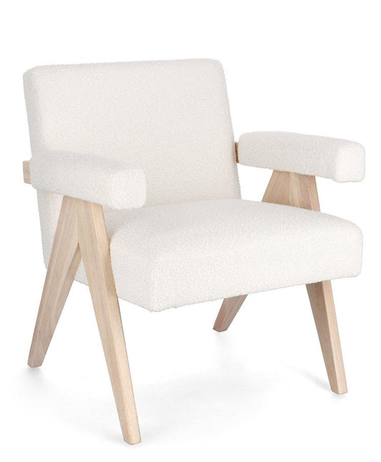 poltrona faiza in tessuto effetto bouclé avorio e gambe in legno rubberwood, poltrona imbottita con struttura solida e...