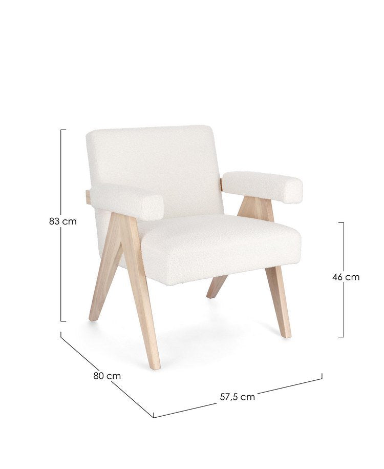 poltrona faiza in tessuto effetto bouclé avorio e gambe in legno rubberwood, ideale per creare un angolo relax in casa