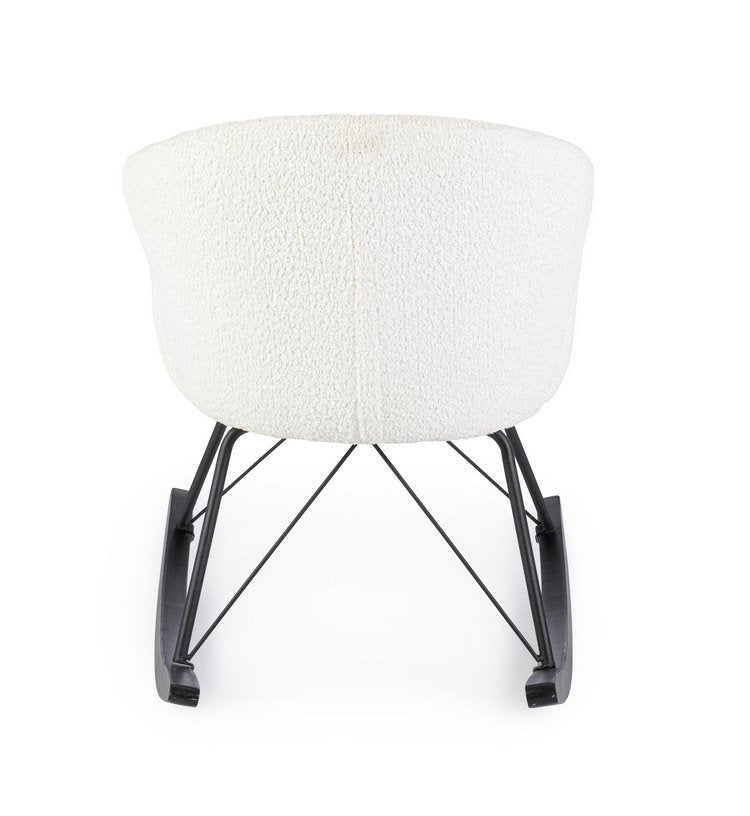 poltrona sibilla in tessuto effetto bouclé bianco e base in legno rubberwood, perfetta per aggiungere comfort ed eleganza...