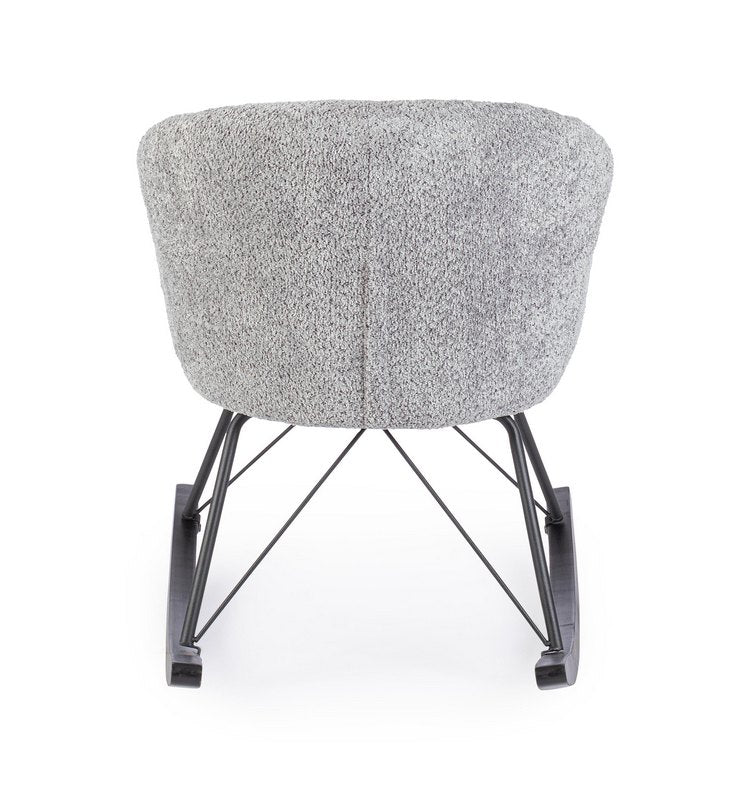 poltrona sibilla in tessuto effetto bouclé grigio chiaro e base in legno rubberwood, stile contemporaneo con braccioli...