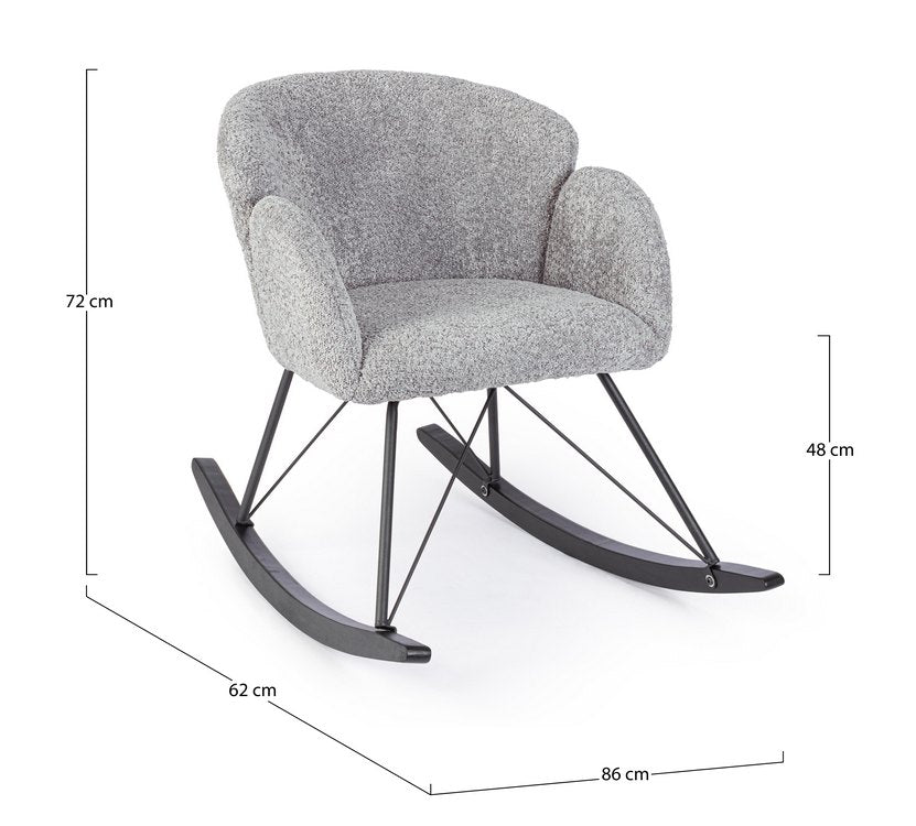 poltrona sibilla in tessuto effetto bouclé grigio chiaro e base in legno rubberwood, ideale per creare un angolo relax in...