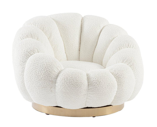 poltrona girevole florel in tessuto effetto bouclé bianco, poltrona imbottita con struttura solida e design moderno