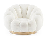 poltrona girevole florel in tessuto effetto bouclé bianco, vista ambientata in soggiorno o angolo lettura