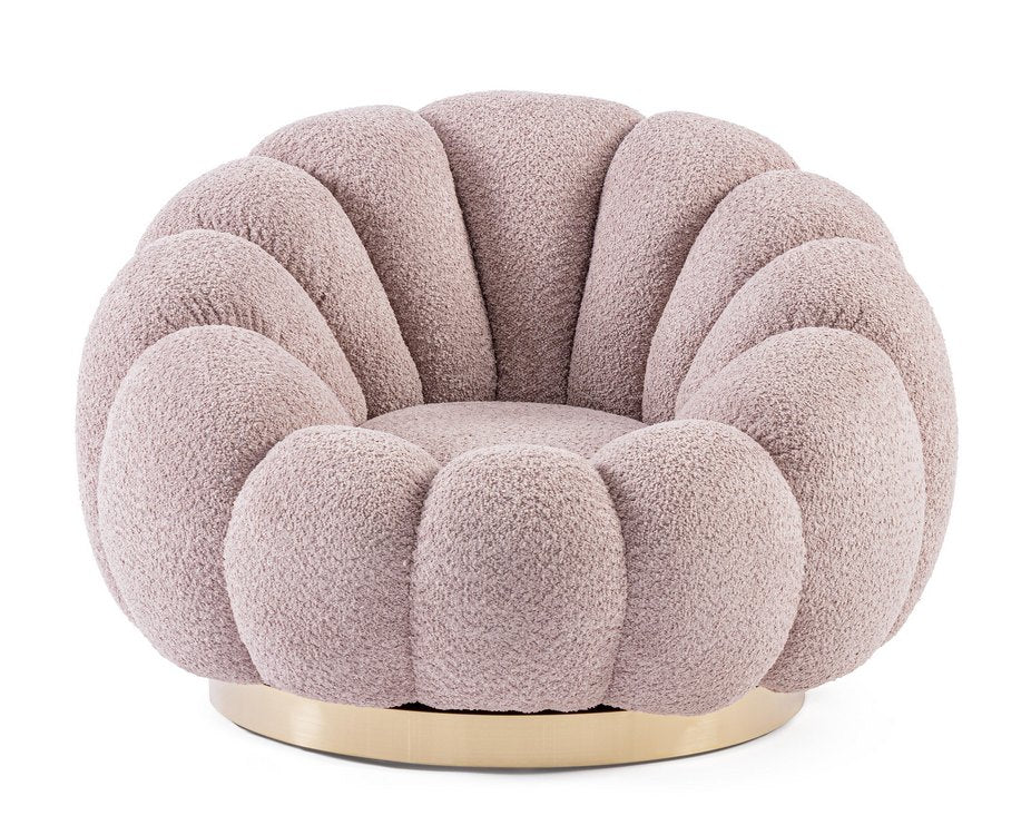 poltrona girevole florel in tessuto effetto rosa antico, vista ambientata in soggiorno o angolo lettura