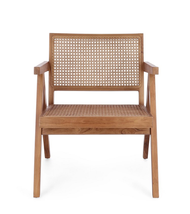 poltrona lounge galia in legno di teak naturale e rattan, vista ambientata in soggiorno o angolo lettura