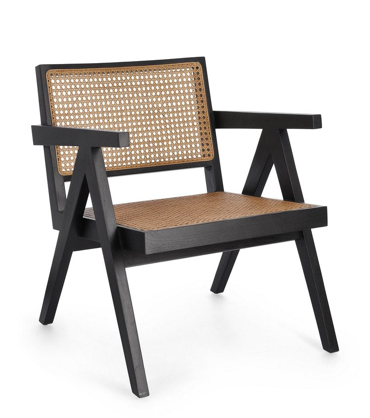 poltrona lounge galia in legno di teak nero e rattan, poltrona imbottita con struttura solida e design moderno