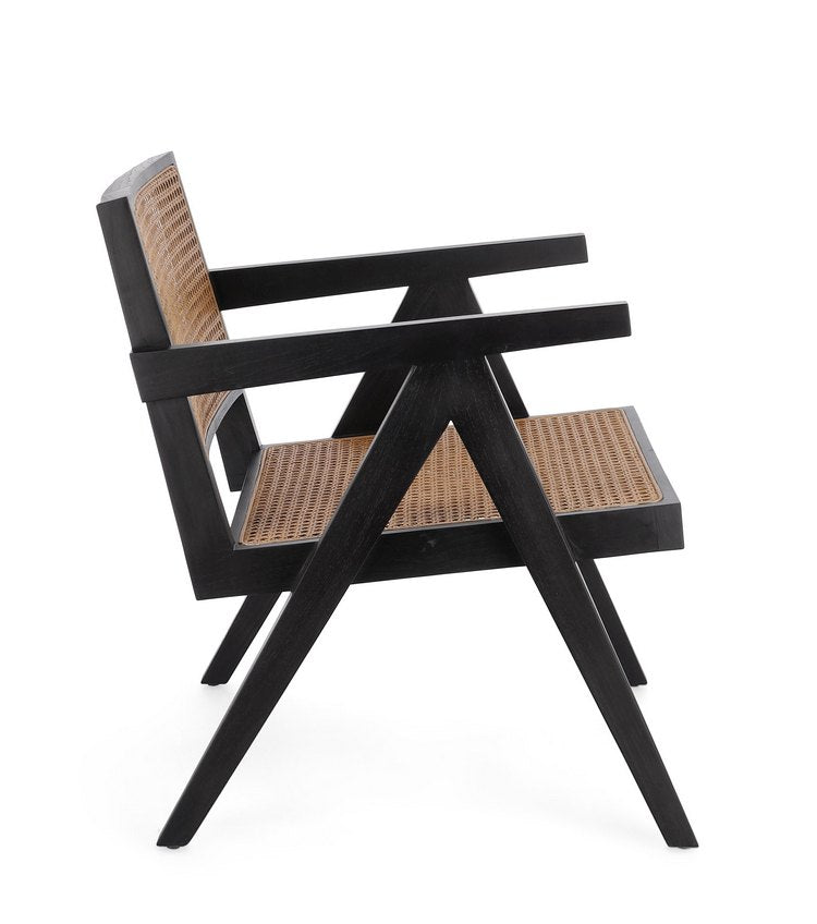 poltrona lounge galia in legno di teak nero e rattan, dettaglio del rivestimento in tessuto o velluto