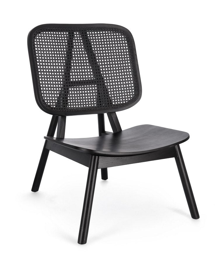 poltrona lounge yves in legno di teak e rattan nero, poltrona imbottita con struttura solida e design moderno