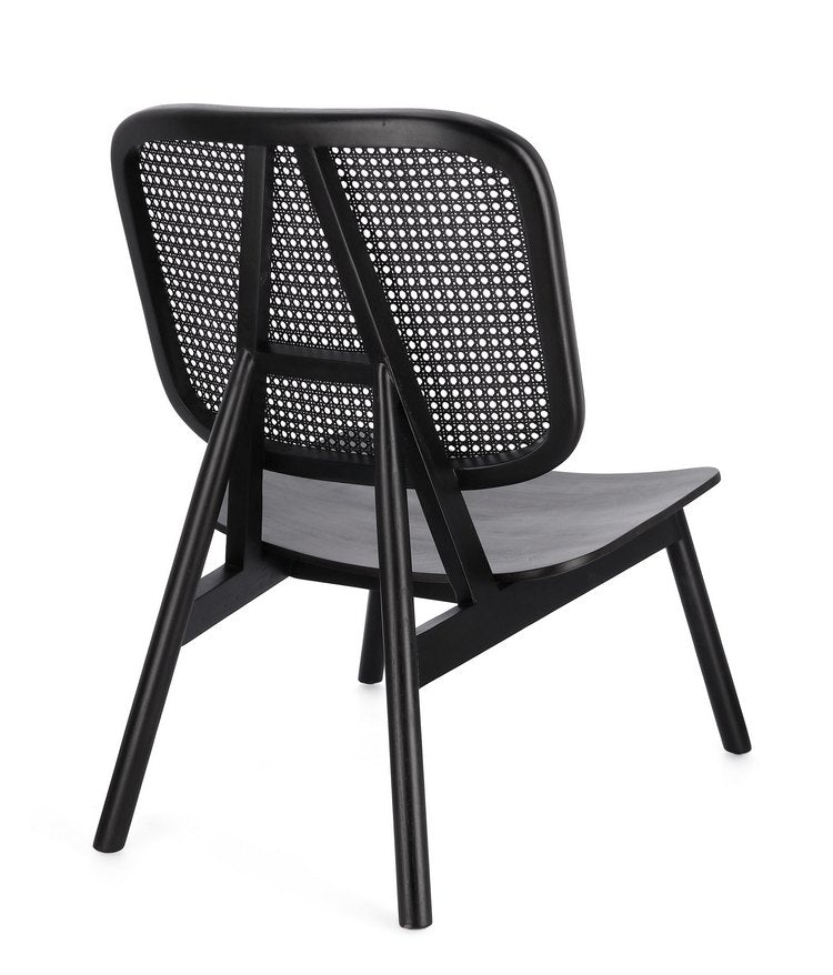 poltrona lounge yves in legno di teak e rattan nero, dettaglio del rivestimento in tessuto o velluto