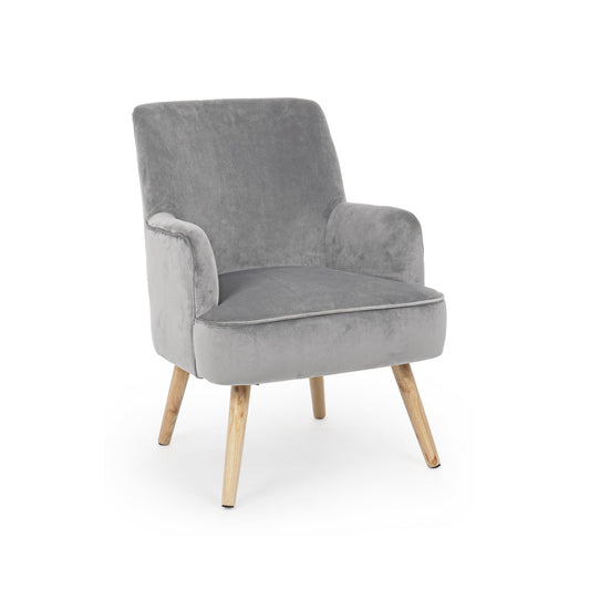 poltrona adeline in tessuto effetto velluto grigio e legno, poltrona imbottita con struttura solida e design moderno