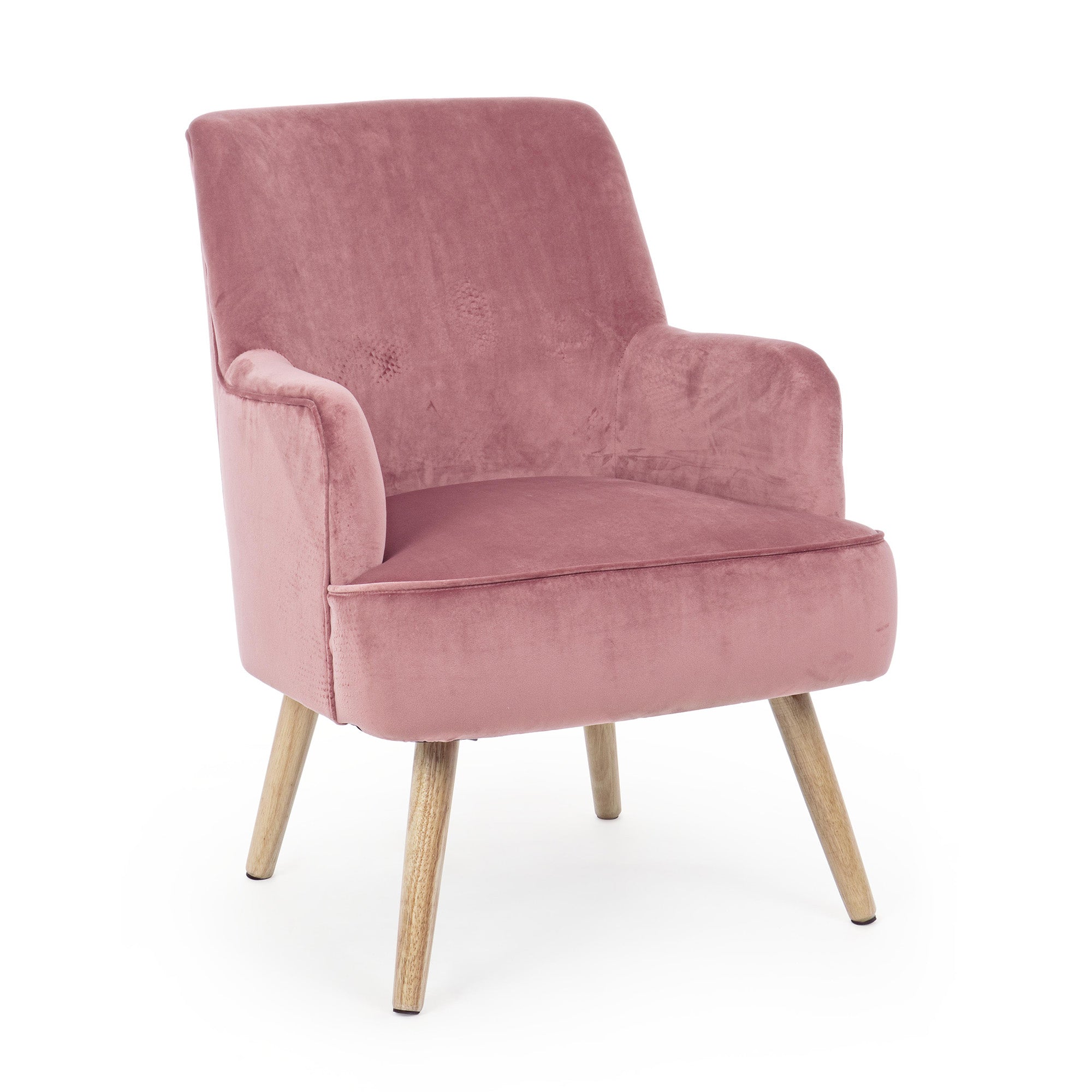 poltrona adeline in tessuto effetto velluto rosa antik e legno, poltrona imbottita con struttura solida e design moderno