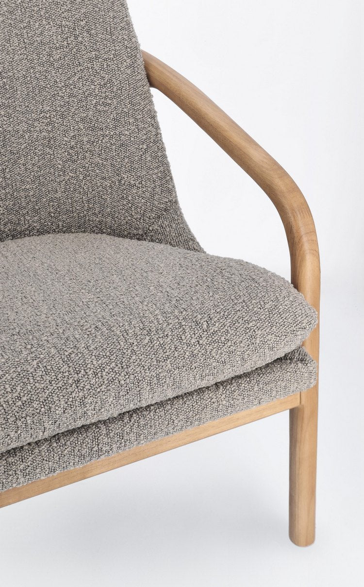 poltrona elaide in tessuto effetto bouclé grigio e struttura in legno rubberwood, struttura in legno o metallo resistente e...