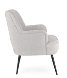 poltrona ernestine in tessuto grigio chiaro e gambe in acciaio verniciato nero, dettaglio del rivestimento in tessuto o...