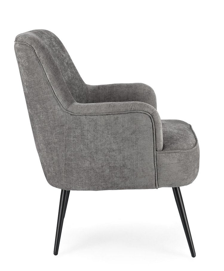 poltrona ernestine in tessuto grigio scuro e gambe in acciaio verniciato nero, perfetta per aggiungere comfort ed eleganza...