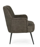 poltrona ernestine in tessuto marrone timo e gambe in acciaio verniciato nero, dettaglio del rivestimento in tessuto o...