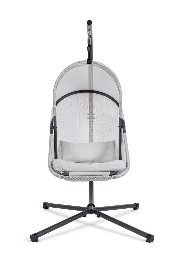 poltrona sospesa algar pieghevole, in acciaio antracite e copertura grigia, vista ambientata in terrazzo, giardino o veranda