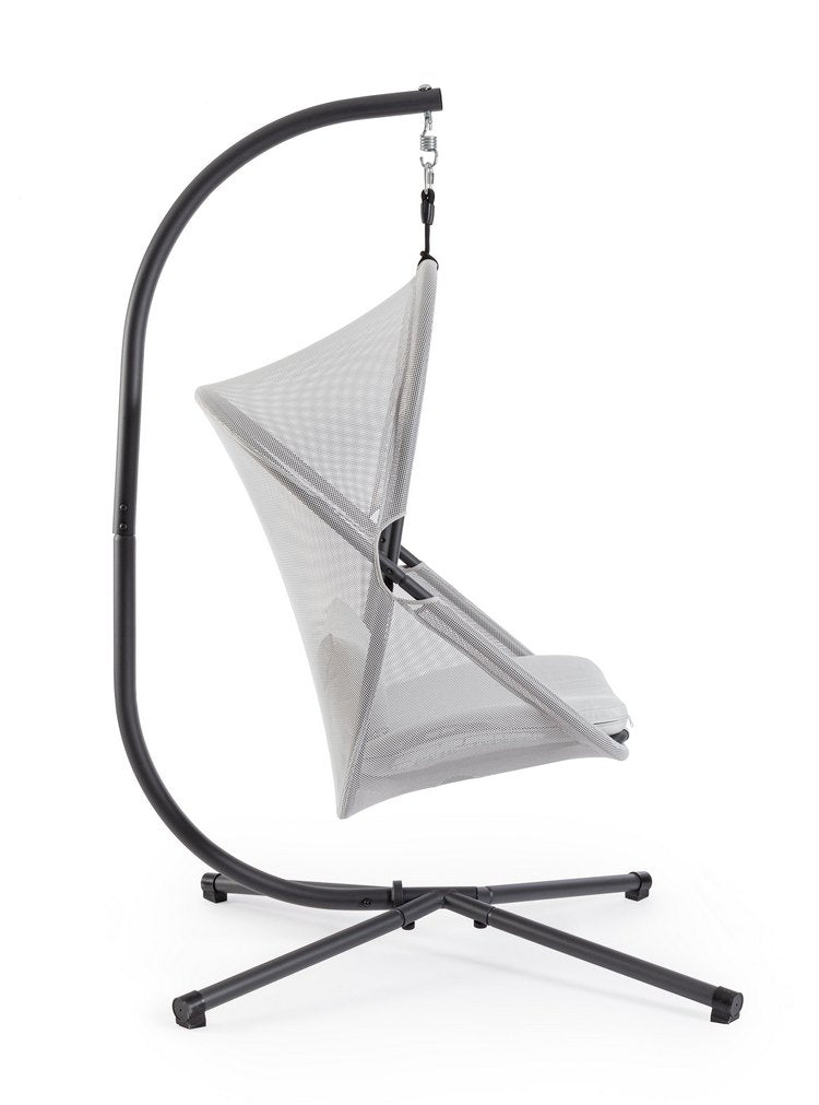 poltrona sospesa algar pieghevole, in acciaio antracite e copertura grigia, dettaglio dei cuscini imbottiti e tessuto...