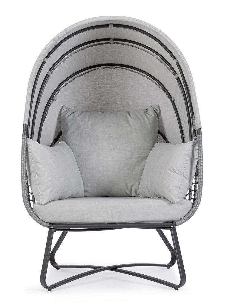 poltrona eldon in acciaio antracite e copertura grigia, vista ambientata in terrazzo, giardino o veranda