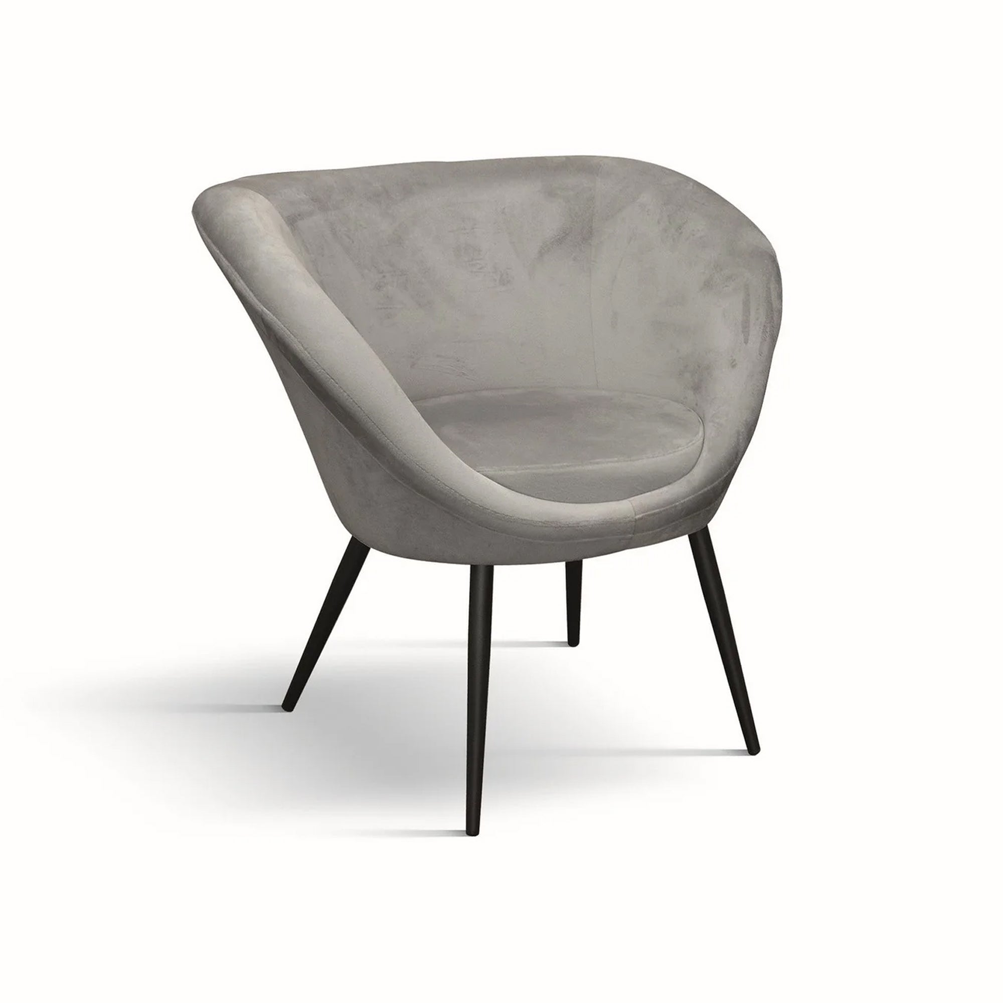 poltrona minorca in tessuto effetto velluto grigio e metallo nero, poltrona imbottita con struttura solida e design moderno