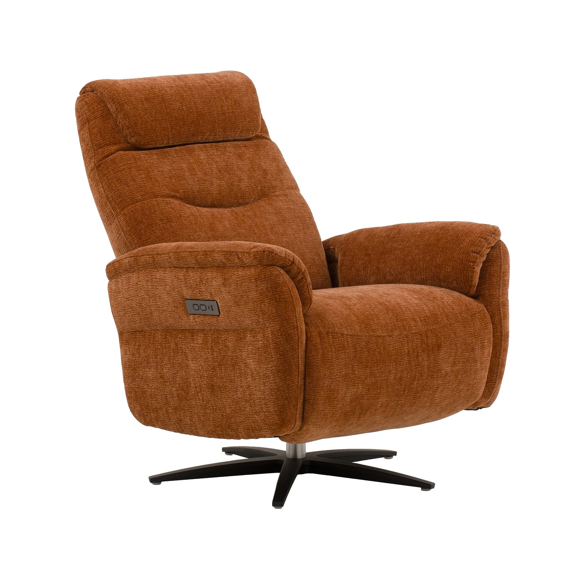 poltrona reclinabile elettrica oslo in tessuto mattone e base in metallo nero, vista ambientata in soggiorno o angolo lettura