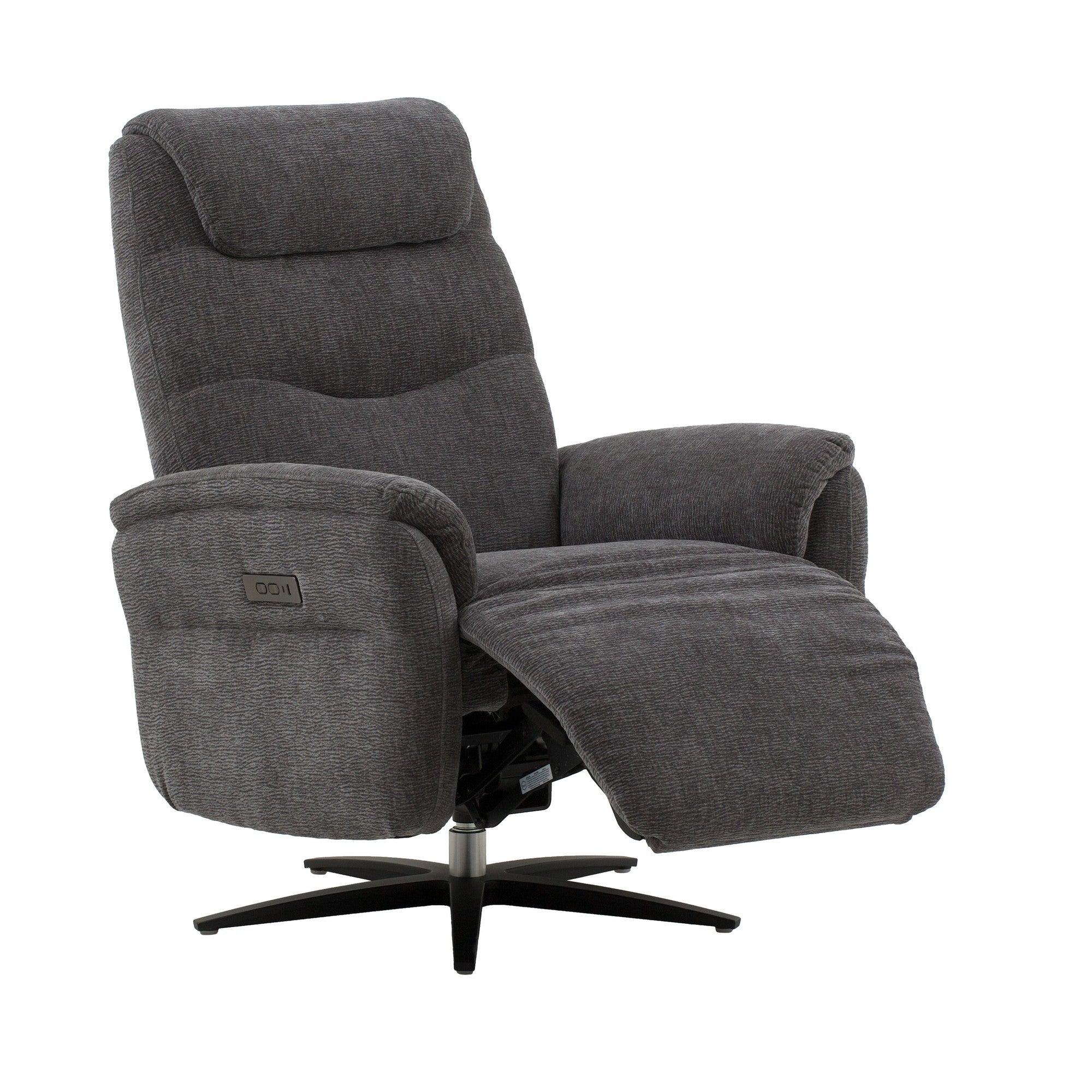 poltrona reclinabile elettrica oslo in tessuto grigio e base in metallo nero, dettaglio del rivestimento in tessuto o velluto