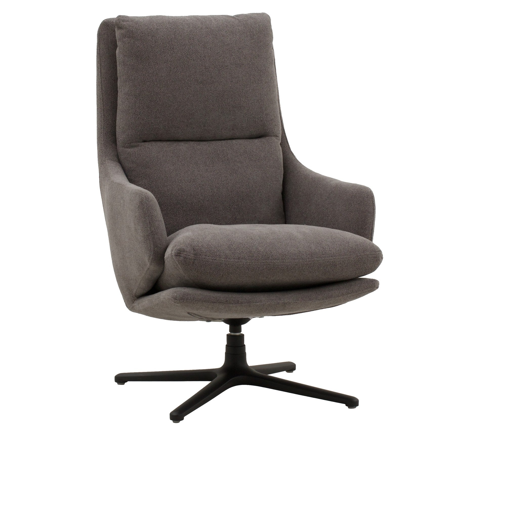 poltrona girevole new arley in tessuto grigio e base in metallo nero, vista ambientata in soggiorno o angolo lettura