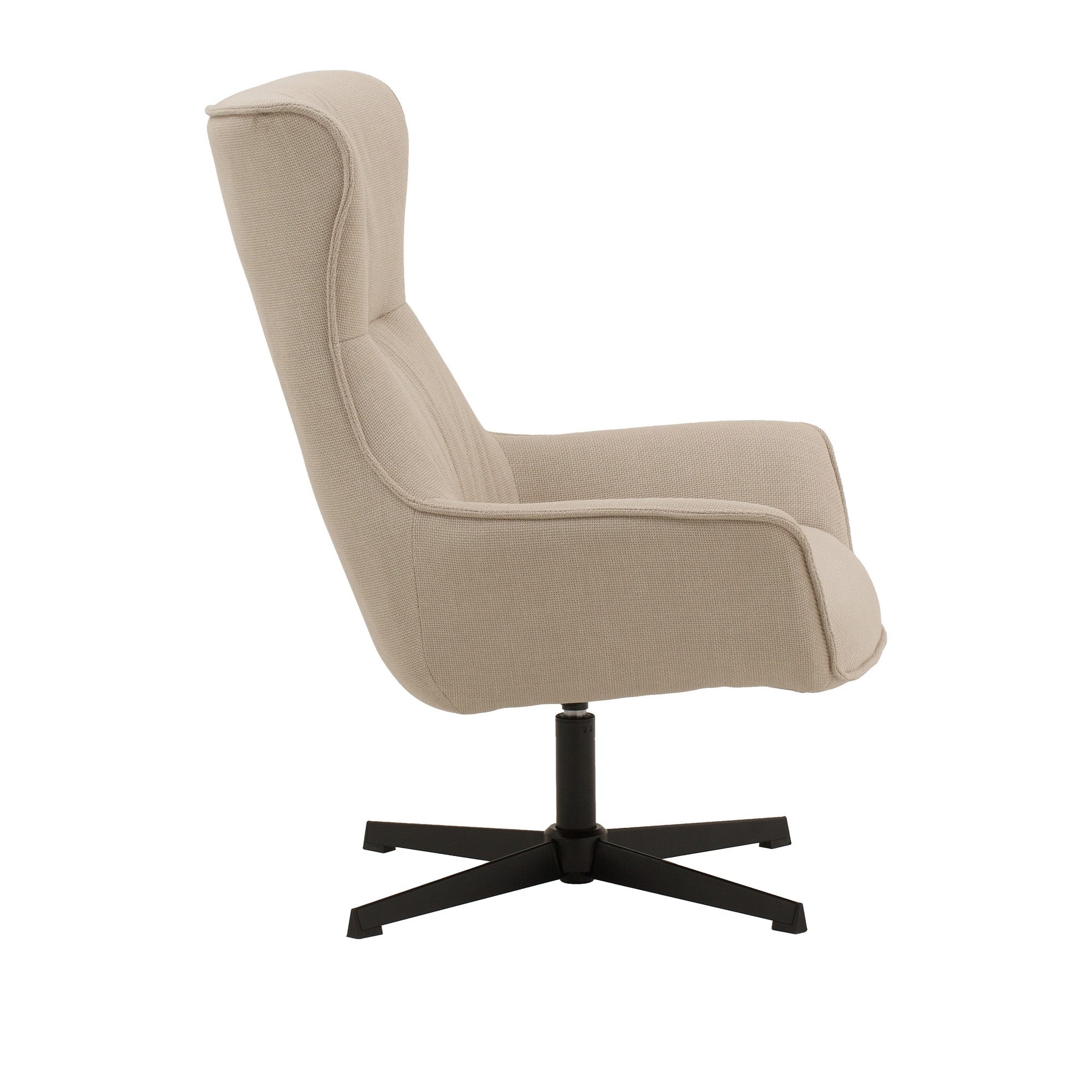 poltrona girevole riga in tessuto beige e base in metallo nero, perfetta per aggiungere comfort ed eleganza all’arredamento