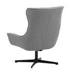 poltrona girevole riga in tessuto grigio e base in metallo nero, vista ambientata in soggiorno o angolo lettura