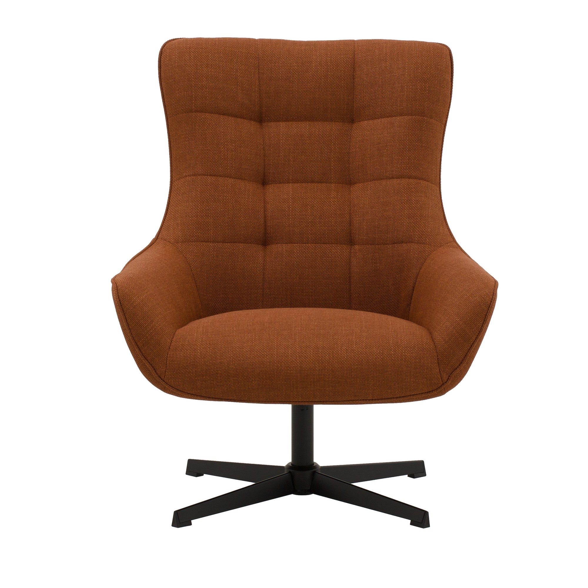 poltrona girevole cartagena in tessuto terracotta e base in metallo nero, dettaglio del rivestimento in tessuto o velluto