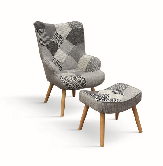 poltrona havana in tessuto patchwork grigio e gambe in legno, con poggiapiedi, poltrona imbottita con struttura solida e...