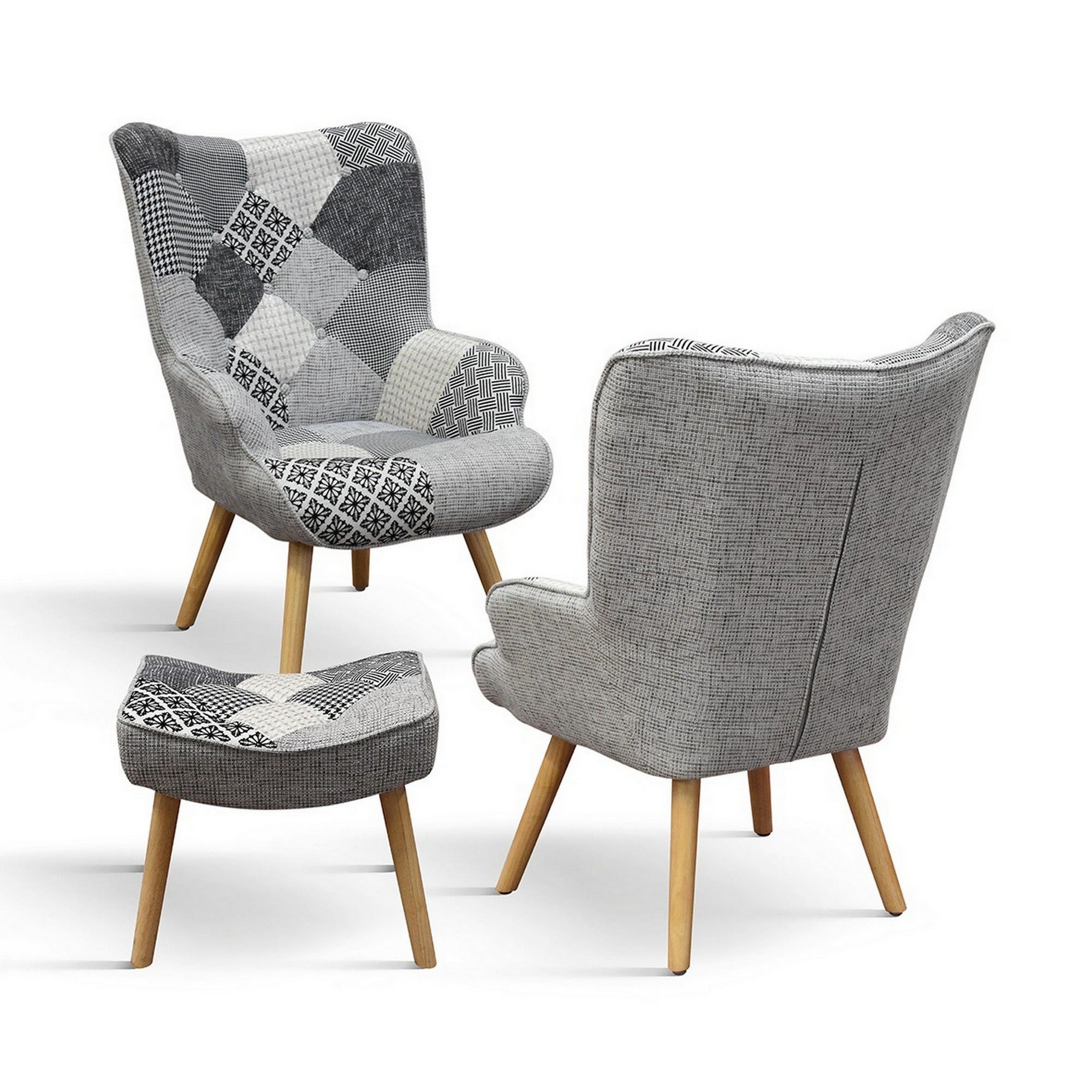 poltrona havana in tessuto patchwork grigio e gambe in legno, con poggiapiedi, vista ambientata in soggiorno o angolo lettura