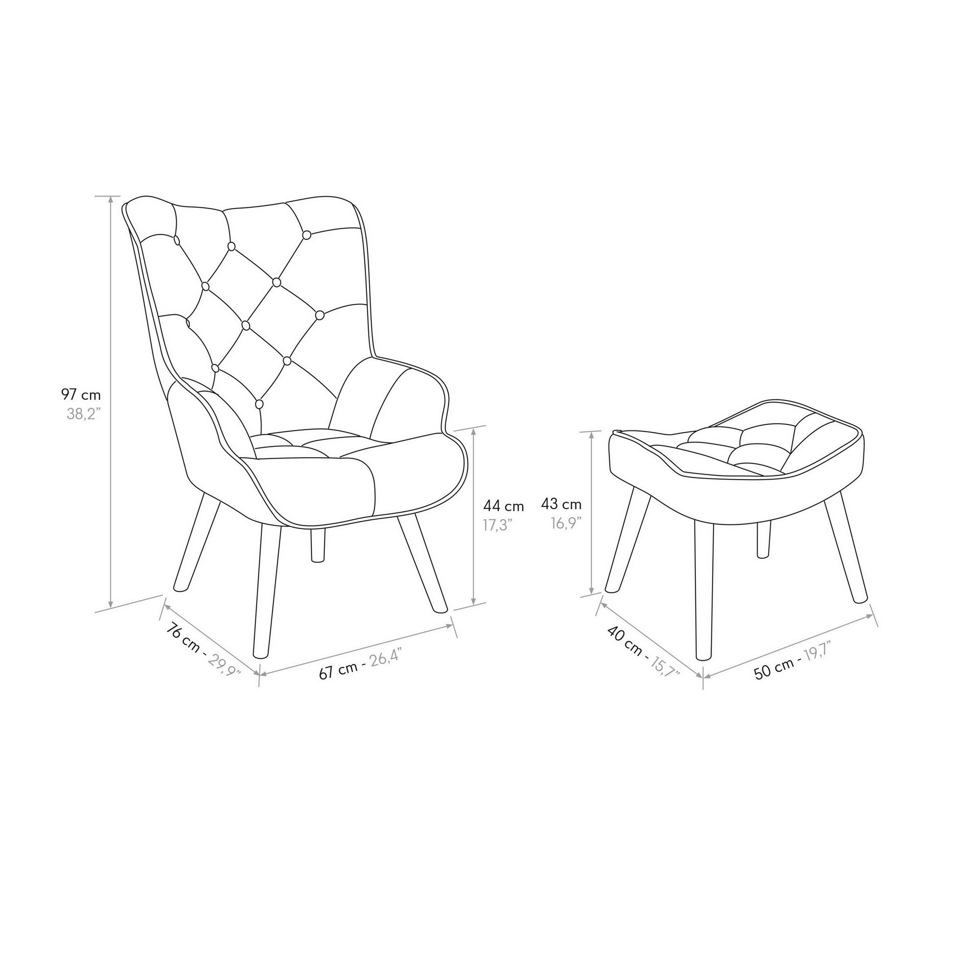 poltrona havana in tessuto patchwork grigio e gambe in legno, con poggiapiedi, stile contemporaneo con braccioli comodi e...