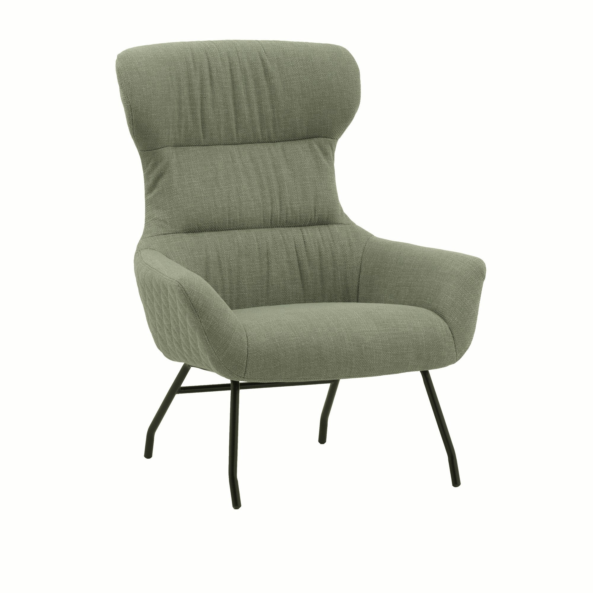 poltrona haiti in tessuto verde e gambe in metallo nero, poltrona imbottita con struttura solida e design moderno