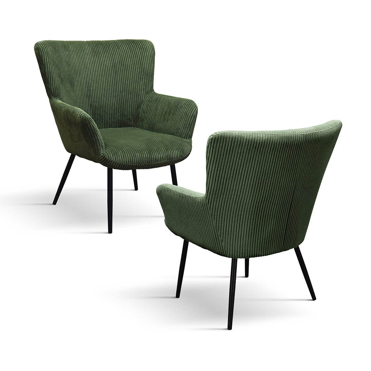 poltrona megeve in tessuto effetto velluto verde e gambe in metallo, vista ambientata in soggiorno o angolo lettura