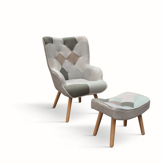 poltrona havana in tessuto multicolore, con poggiapiedi, poltrona imbottita con struttura solida e design moderno