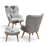 poltrona havana in tessuto multicolore, con poggiapiedi, vista ambientata in soggiorno o angolo lettura