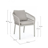 set di 4 poltroncine galdana in alluminio tortora con intreccio in corda tortora, con braccioli, dettaglio dei cuscini...