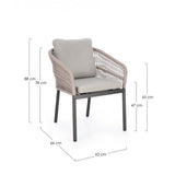 set di 4 poltroncine galdana in alluminio antracite con intreccio in corda beige, con braccioli, dettaglio dei cuscini...