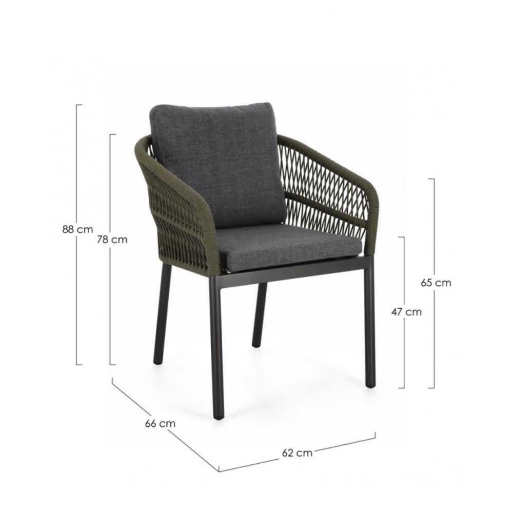 set di 4 poltroncine galdana in alluminio antracite con intreccio in corda verde, con braccioli, dettaglio dei cuscini...