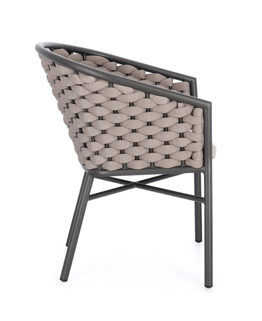 set di 4 poltroncine margalida in alluminio antracite con intreccio in corda beige, con braccioli, particolare della...