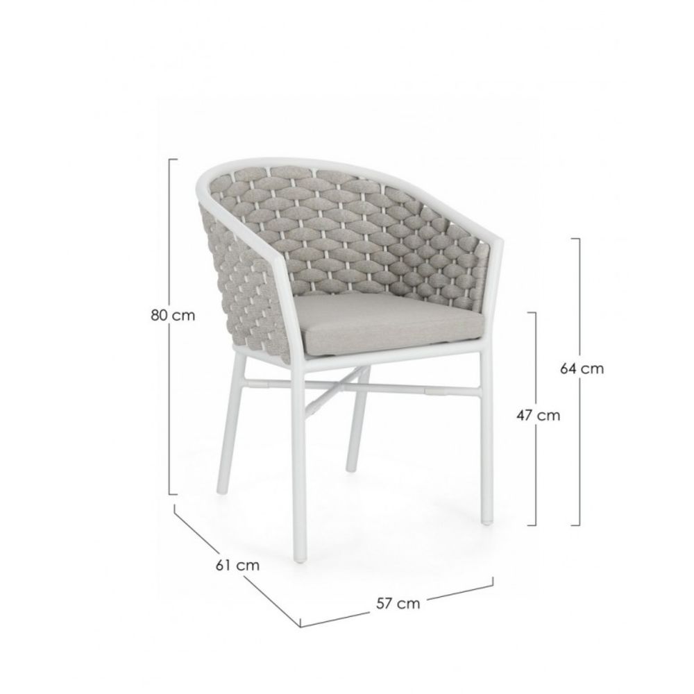 set di 4 poltroncine margalida in alluminio bianco con intreccio in corda grigio, con braccioli, dettaglio dei cuscini...