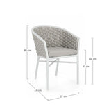 set di 4 poltroncine margalida in alluminio bianco con intreccio in corda grigio, con braccioli, dettaglio dei cuscini...